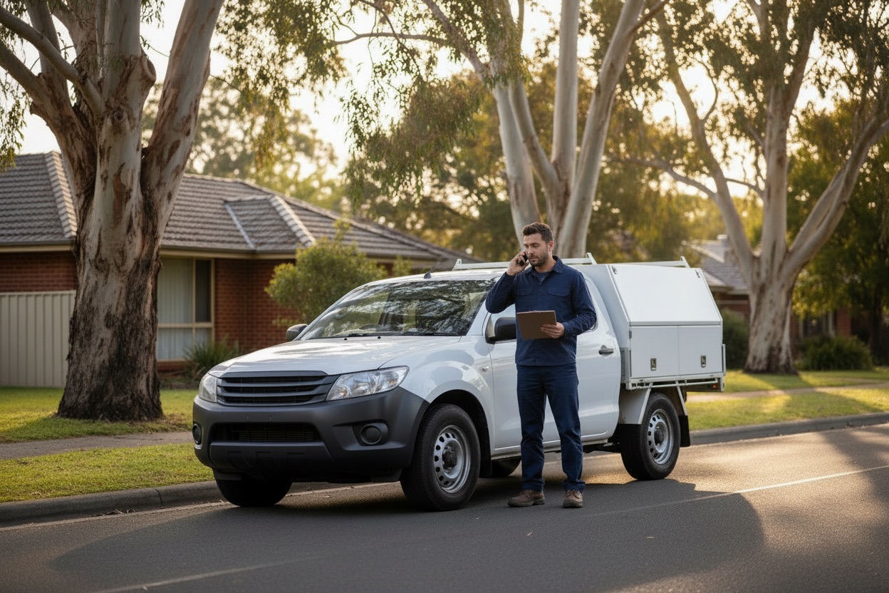 Plumber taking a call beside a work ute on a suburban Perth street